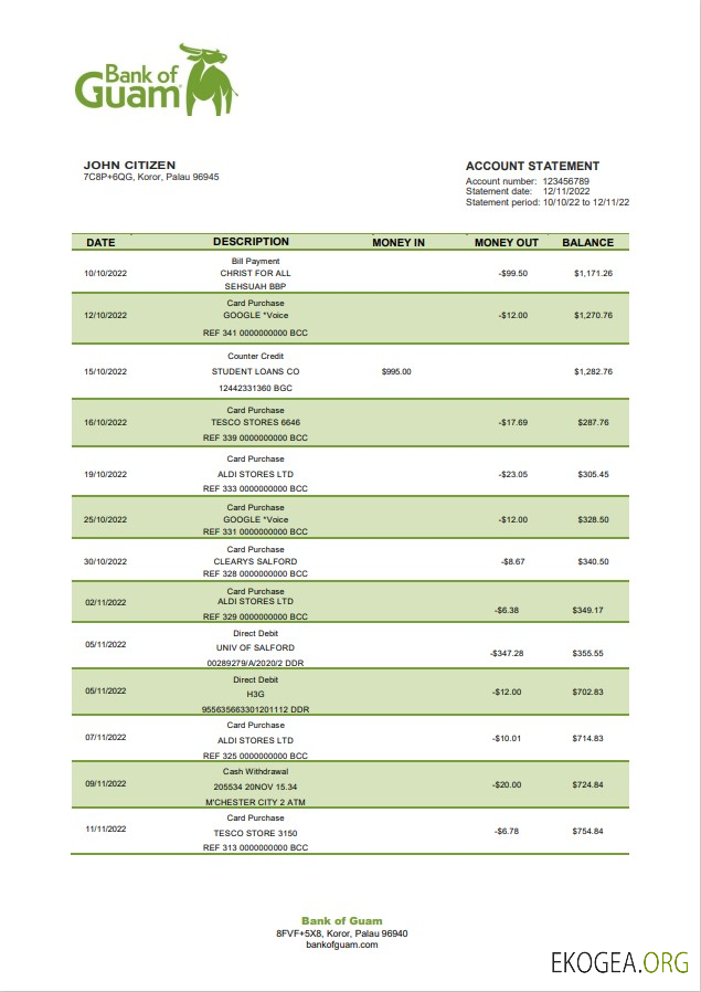 Relevé bancaire de la Palau Bank of Guam
